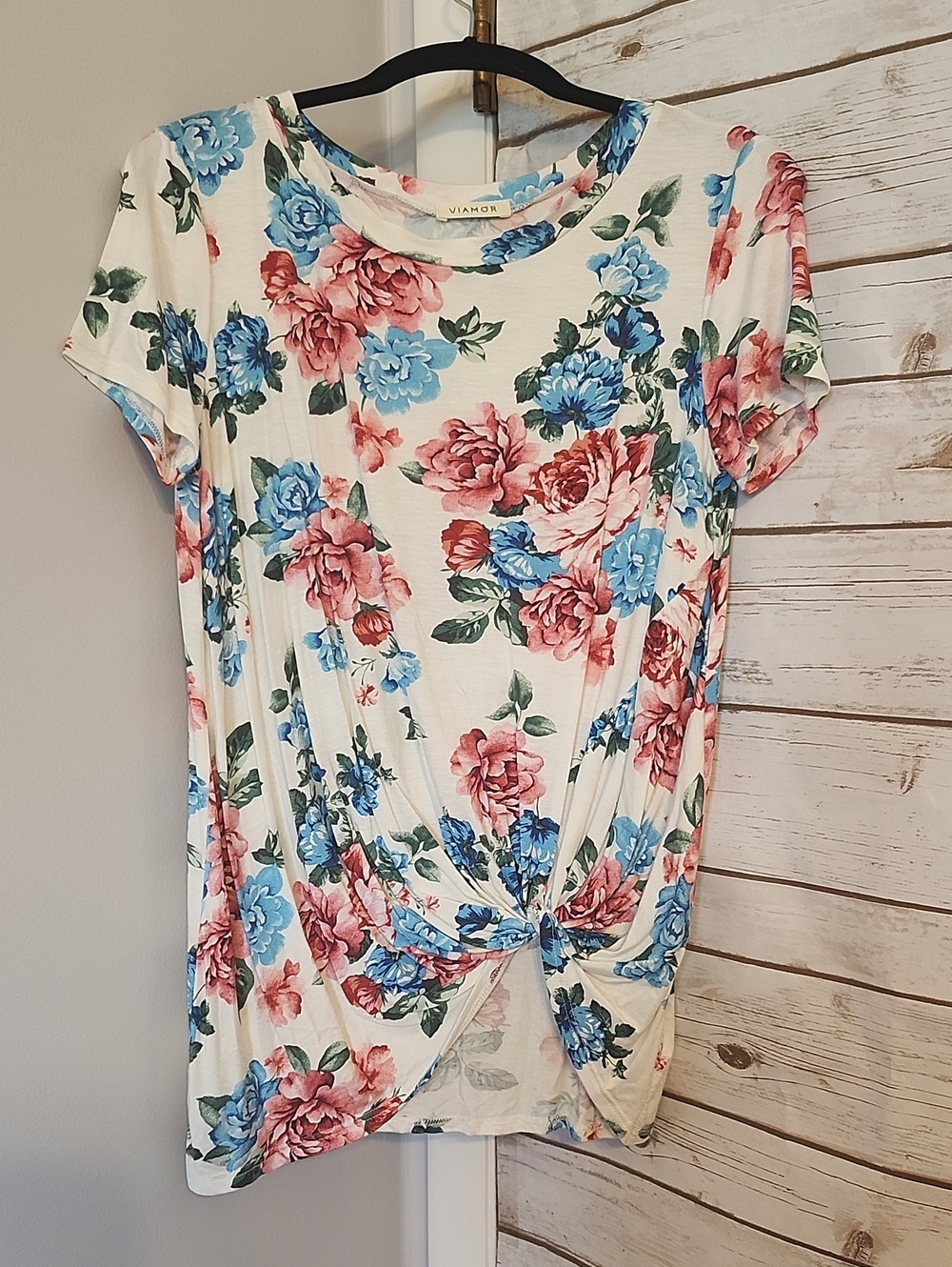 Floral Twist-Front Short Sleeve Top - White with Pink & Blue Flowers - NEW